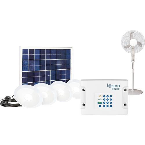 Kit d'éclairage batt.-solaire accumulat. d'énergie + 4x lampes IGNITE 150 + ventilateur sur pied