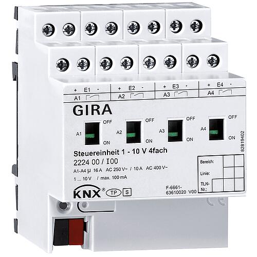 Unité de commande GIRA 1-10V quadruple avec commande manuelle pour KNX REG Standard 1