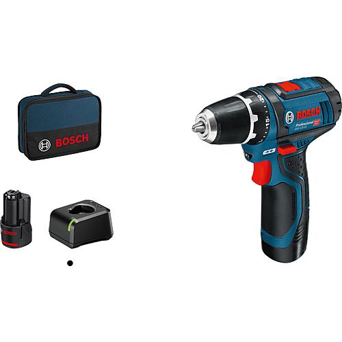 Cordless drill/screwdriver (BOSCH) 12 V GSR 12V-15 with tool bag and Metal drill (BOSCH) and bit set, 35 pieces