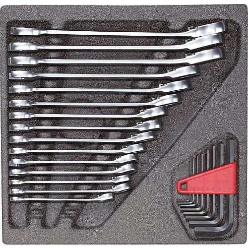 Ring ratchet open-end wrench spanner and angled screwdriver set, in 2/3 foam module, 24-piece Standard 1