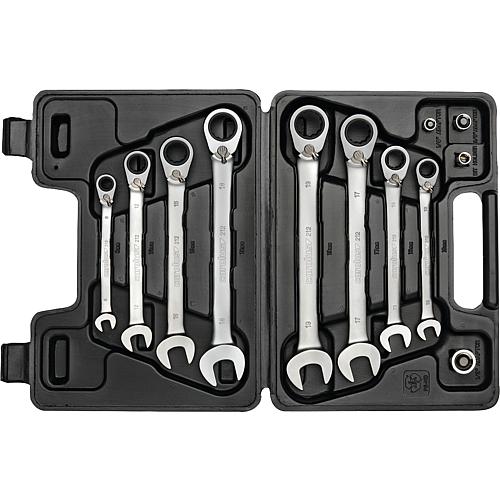 Ring ratchet open-end wrench set with adapters, metric, reversible Standard 1