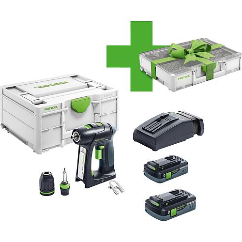 Cordless drill/screwdriver, 18 V with 2 x 4.0 Ah batteries, 1 x charger and 1 x carry case 
+ free Systainer organiser Standard 1