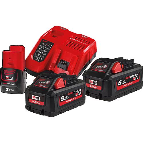 Kit sans fil 12 V, 1 x 3,0 Ah et 
18 V, 2 x 5,5 Ah batteries et 1 x chargeur Standard 1