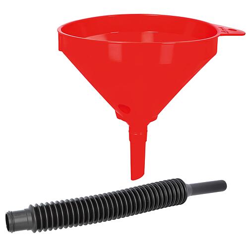 Funnel 210 mm HD-PE, with sieve, red, flexible outlet 460 mm