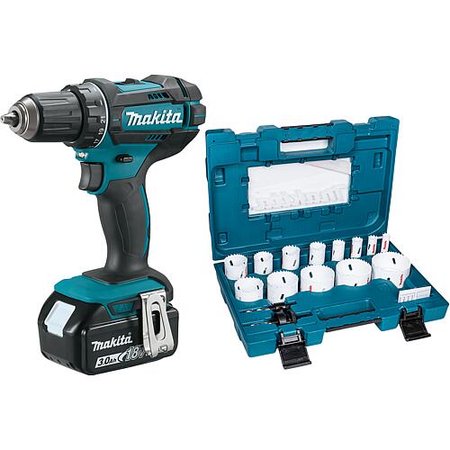 Cordless drill/screwdriver DDF482RFJ, 18 V with 2 x 3.0 Ah Batteries and chargers and Hole saw sets, 16 pieces Standard 1