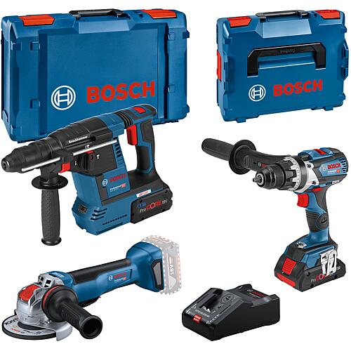 Cordless sets Bosch 18 V, 3-piece
consisting of Cordless drill/screwdrivers, combi hammer, angle grinder with 1 x 4.0 Ah, 1 x 8.0 Ah ProCORE Batteries and chargers Standard 1