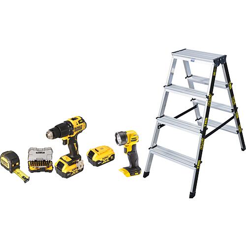 Akku-Schlagbohrschrauber DEWALT, 18 V mit Akku-Set, Akku-LED-Arbeitsleuchte, Bit-Set, 32-teilig und TBS-Stufen-Doppelleiter Standard 1