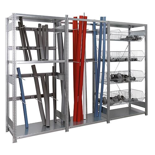 Complete tradesman shelving BERT with steel shelves, basic shelving + 2 x add-on shelving, shelf load 150 kg, bay load 2000 kg Standard 1