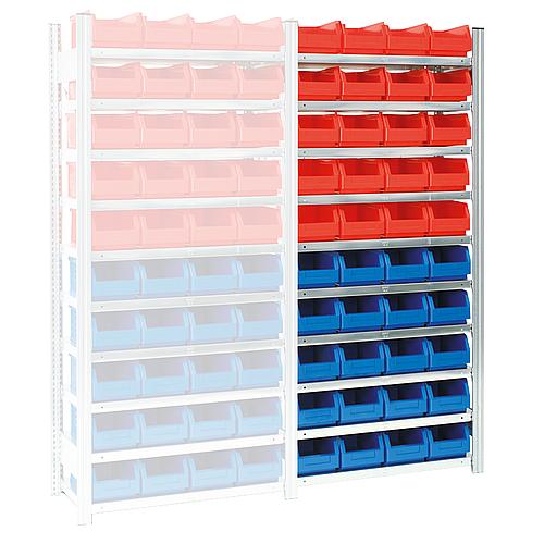 Shelf for open-fronted storage bins, shelf load 150 kg bay load 2000 kg
Mounting shelving unit with 10 steel shelves, height 2000 mm, width 875 mm Standard 1