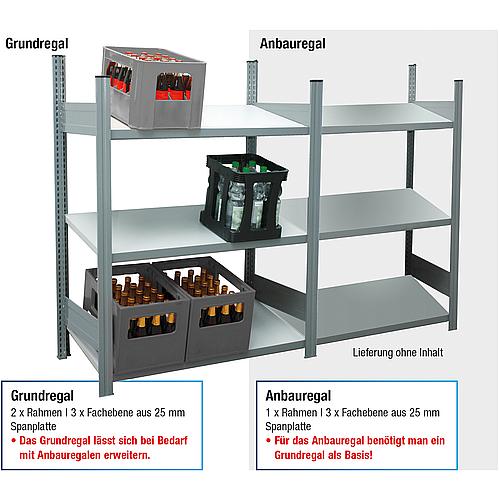 Rayonnage pour caisses de boissons BERT avec tablettes en aggloméré, charge admissible par tablette 150 kg, largeur 976 mm