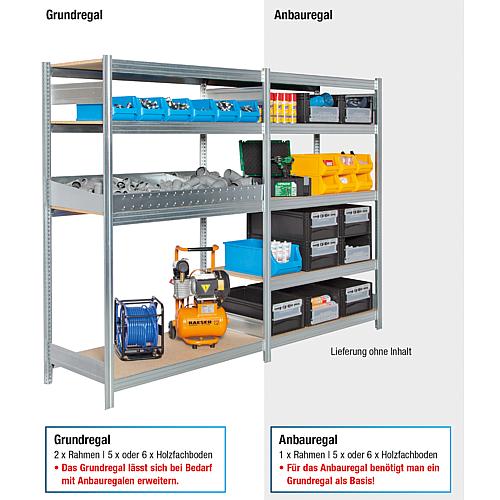 Shelf system with wood shelves,
Shelf load 250 kg, bay load 2000 kg, base shelf Anwendung 1