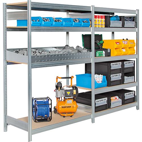 Shelf system with wood shelves,
Shelf load 250 kg, bay load 2000 kg, base shelf