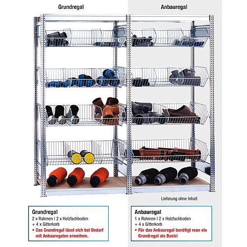 Korbregal, 4 Fachebenen mit Gitterkörben und Trenngittern, Fachlast 35 kg und 2 Holzfachböden, 
Fachlast 250 kg, Anbauregal Anwendung 1