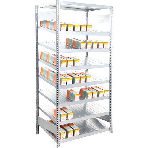 Screw shelving, with 7 slanted shelves
Shelf load 250 kg, bay load 2000 kg, base shelf Standard 1