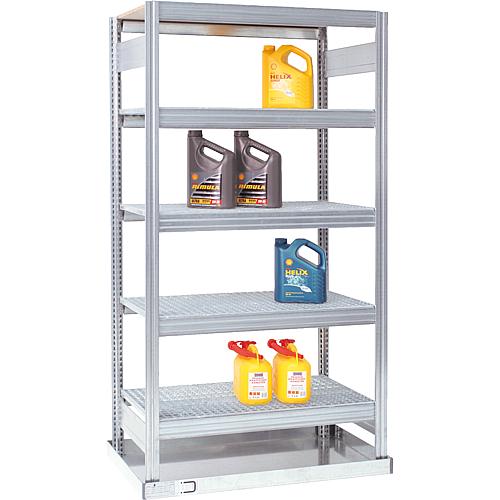 Environmental shelves, with 40-litre collection tray and gratings,
Shelf load 150 kg, bay load 2000 kg, mounting shelf Standard 1