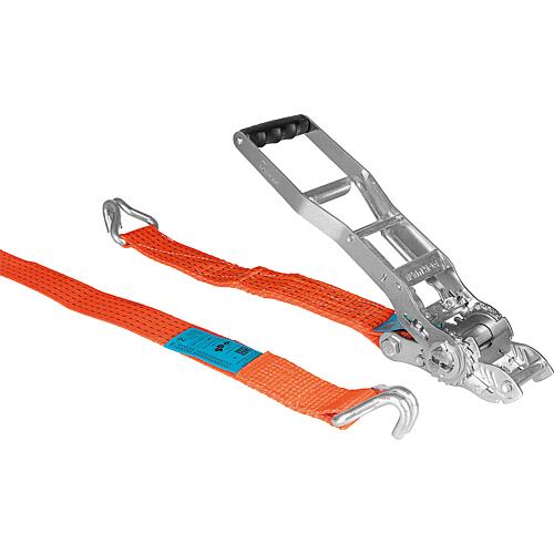 Lashing strap, two-piece DIN EN12195-2, long lever orange, strap 50mm, length 10m