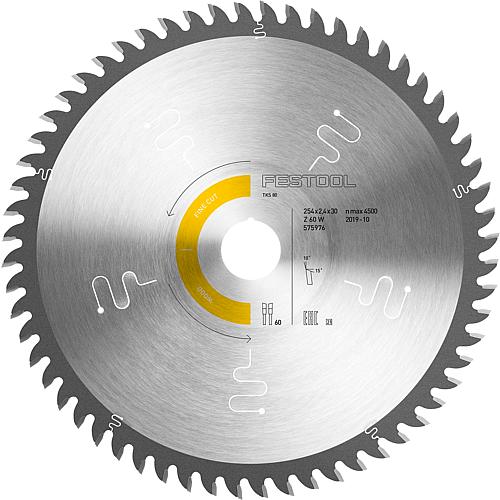 Circular saw blade for veneered panels, parquet, hard plastics, hard PVC, solid wood cross-section, blockboards, plywood, multiplex/layered wood, acrylic glass and MDF medium-density fibreboard Standard 1