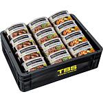 Stock pack of organic ready meals, 12 pieces in TBS transport box