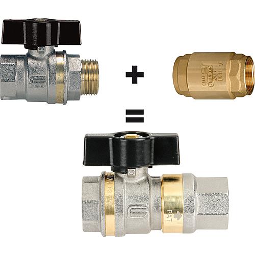 Brass ball valve Aster Flow with non-return valve, full flow, 16 bar, model IT x IT