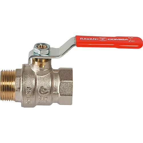 Brass ball valves DN15 (1/2") female/male with steel hand lever red PN45