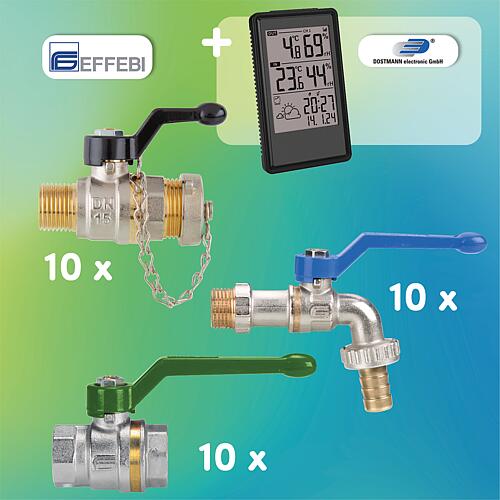 Promotional package 10x Tappy ball valve, 10x Silver ball valve, 10x Aster ball valve + free weather station