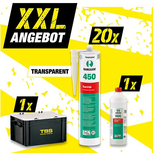 XXL offer sanitary silicone RAMSAUER 450 [transparent] 20 Cartridges + smoothing agent, incl. TBS transport box