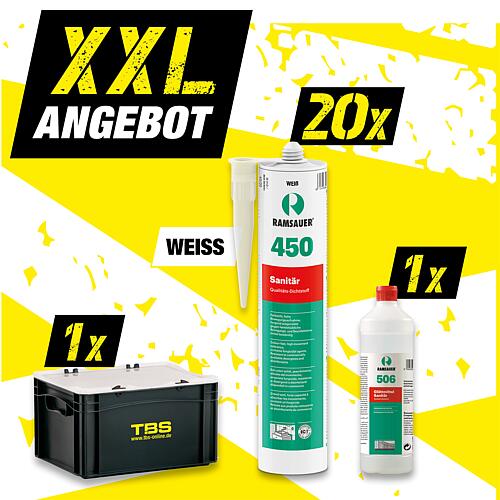 XXL-Angebot Sanitärsilikon RAMSAUER 450 [weiß] 20 Kartuschen + Glättmittel, inkl. TBS-Transportbox