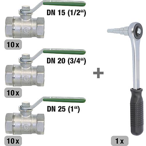 Trinkwasser-Kugelhahn-Set best. aus je 10x 1/2", 3/4" und 1" + 1x Gratis Stufenschlüssel