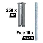 Benefit package EA II drive-in anchor, M10, 250 pieces + free M10 threaded rods, 1 m, 10 pieces