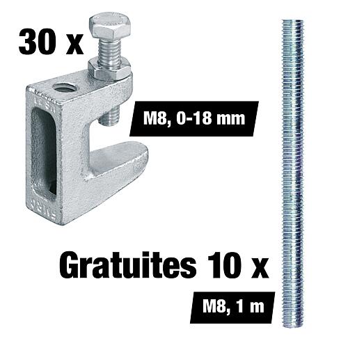 Vorteilspaket Trägerklammern M8, Spannbereich 0-18 mm, 30 Stück + Gratis Gewindestangen M8, 10 Stück