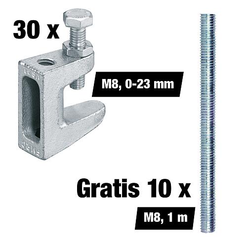 Vorteilspaket Trägerklammern M8, Spannbereich 0-23 mm, 30 Stück + Gratis Gewindestangen M8, 1 m, 10 Stück