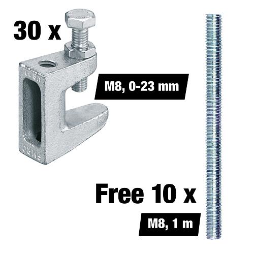 Value pack of M8 beam clamps, clamping range 0-23 mm, 30 pieces + free M8 threaded rods, 1 m, 10 pieces Standard 1