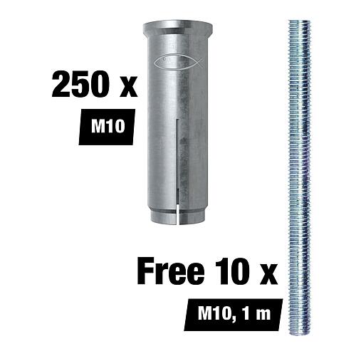 Benefit package EA II drive-in anchor, M10, 250 pieces + free M10 threaded rods, 1 m, 10 pieces Standard 1