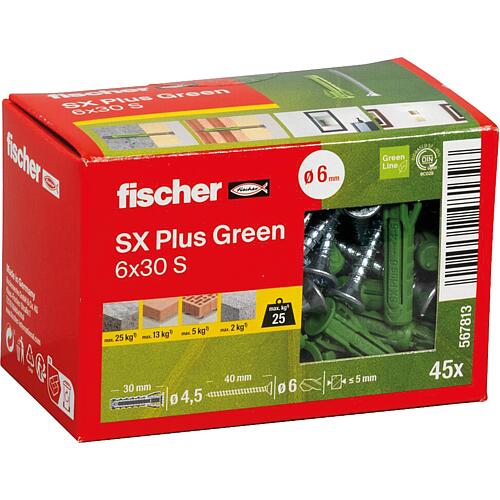 Wall plug Fischer SX Plus Green 6 x 30S, Set with screw, PU 45 pieces