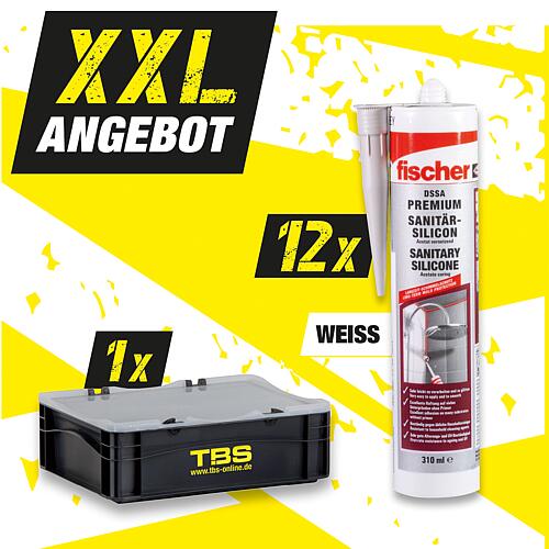 XXL offer Fischer sanitary silicone white 310 ml + TBS transport box, 13 parts